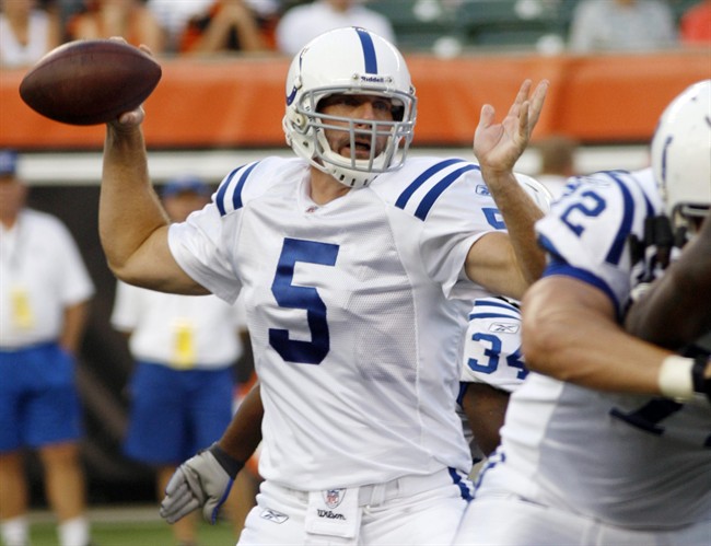 FILE - In this Sept. 1, 2011 file photo, Indianapolis Colts quarterback Kerry Collins (5) throws a pass against the Cincinnati Bengals during the first half of an NFL football game in Cincinnati. . With the likelihood of starter Peyton Manning missing Sunday's opener, all eyes are focused on Collins and whether he's been immersed in the offense long enough to make it work. (AP Photo/David Kohl, File).