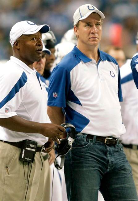 FILE - In this Aug. 26, 2011, file photo, Indianapolis Colts quarterback Peyton Manning, right, talks with head coach Jim Caldwell during the second quarter of an NFL preseason football game against the Green Bay Packers in Indianapolis. Manning will not play Sunday, Sept. 11, 2011, in the season opener at Houston, bringing an end to his streak of 227 consecutive starts, including the playoffs. The team said 38-year-old Kerry Collins will start against the Texans as Manning continues his long recovery from neck surgery in May.(AP Photo/AJ Mast, File).