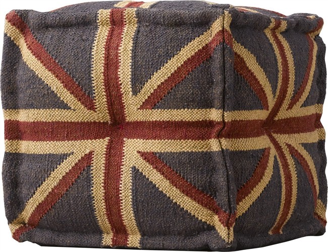 This product image courtesy of Restoration Hardware shows the Union Jack upholstered cube pouf. Poufs are the perfect squishy footrest, and thus suit family rooms or relaxed living rooms. Easily moved about, they also make great extra seating. (AP Photo/Restoration Hardware).