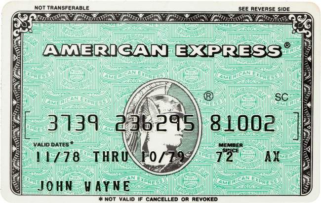 In this undated photo provided by Heritage Auctions, actor John Wayne's American Express card is shown. The item will be among the John Wayne memorabilia to be displayed in New York from Sept. 23-25 before being offered for sale by Heritage auctions on Oct. 6 and 7. (AP Photo/Heritage Auctions).
