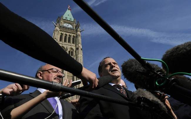 NDP leadership candidate Brian Topp speaks to reporters on Parliament Hill in Ottawa, Friday Sept. 23, 2011. Topp got support from veteran NDP MP Yvon Godin, and Alain Giguere, on Friday. THE CANADIAN PRESS/Sean Kilpatrick.