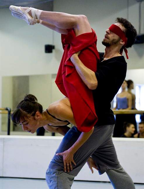 Dancers Emilie Durville (left), who plays Camille Claudel, and Marcin Kaczorowski, who plays Auguste Rodin, of Les Grands Ballets rehearse their latest production of Claudel/Rodin Wednesday, September 28, 2011 in Montreal. The neoclassical choreography by Peter Quanz depicts the tumultuous relationship between the two famous sculptors. THE CANADIAN PRESS/Paul Chiasson.