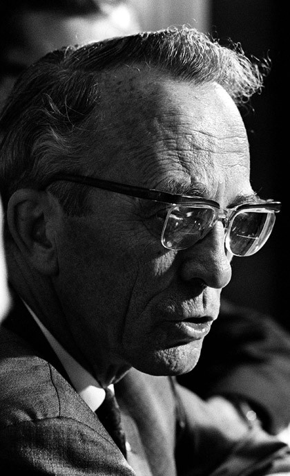 NDP Leader Tommy Douglas speaks at a news conference in Ottawa June 30, 1968.
