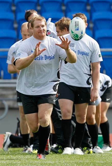 England rugby player Thomas Waldrom catches the ball as he takes part in a training session in Auckland, New Zealand, Monday, Sept. 26, 2011. Waldrom has been drafted into the England team as a replacement for Andrew Sheridan. England play Scotland in their next Rugby World Cup match at Eden Park, Auckland, Saturday Oct. 1.(AP Photo/Alastair Grant).