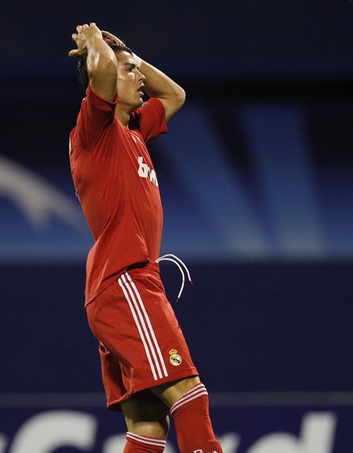 Real Madrid's Cristiano Ronaldo reacts during their Champions League Group D soccer match against Dinamo Zagreb at Maksimir stadium in Zagreb, Croatia, Wednesday, Sept. 14, 2011. (AP Photo/Darko Bandic).