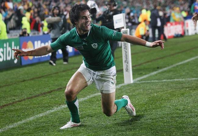 Ireland's Conor Murray celebrates after scoring a try that was disallowed during their Rugby World Cup game against Australia at Eden Park in Auckland, New Zealand, Saturday, Sept. 17, 2011. (AP Photo/Dita Alangkara).