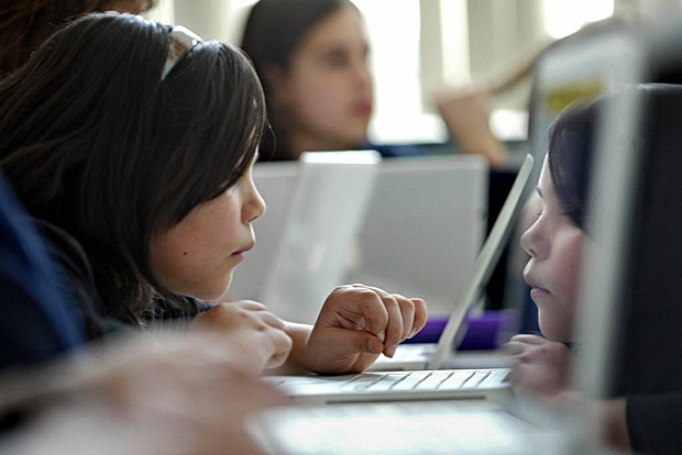 A kindergarten student looks at a laptop.