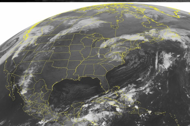 This NOAA satellite image taken Monday, Oct. 3, 2011 at 01:45 AM EDT shows cloud cover with embedded showers over areas of the northeastern corner of the nation due to lingering low pressure. THE CANADIAN PRESS/AP, WEATHER UNDERGROUND.