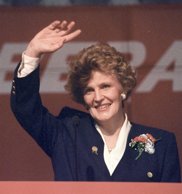 Catherine Callbeck waves to supporters in Charlottetown on March 29, 1993 after an overwhelming victory in the provincial election. THE CANADIAN PRESS/Andrew Vaughan.