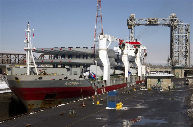 A ship is moored on the St. Lawrence Seaway opens for its 53rd season Tuesday, March 22, 2011 in St. Lambert, Quebec.THE CANADIAN PRESS/Ryan Remiorz.