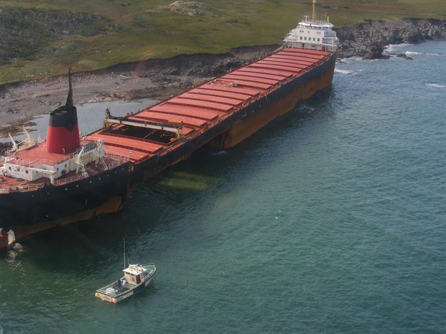 The bulk carrier MV Miner is shown after running aground off Scatarie Island, N.S. on Saturday, Oct. 8, 2011.