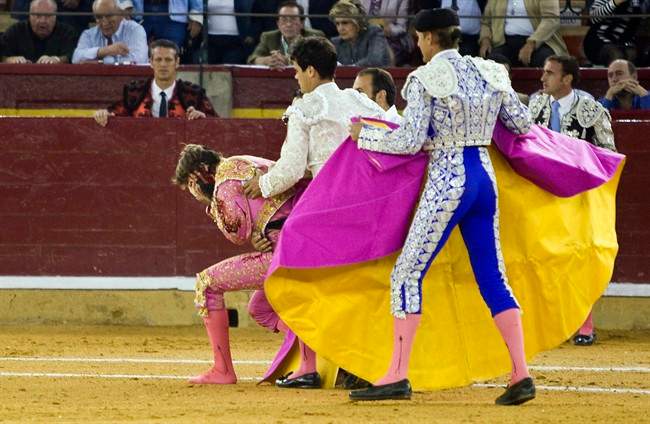 In this photo taken Friday, Oct. 7, 2011, Spanish bullfighter Juan Jose Padilla covers his face after being gored by a bull during a bullfight in the northeastern city of Zaragoza, Spain. A Spanish bullfighter is likely to suffer facial paralysis and lose the sight in one eye after a terrifying goring, the hospital treating him said Saturday. Padilla, 39, suffered eye, bone, muscle and skin damage when the bull pinned him to the ground and gored him. Surgeons had not been able to repair a severed facial nerve, the statement from the Miguel Servet Hospital said. (AP Photo/Elena Munoz).
