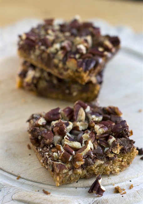 This Sept. 19, 2011 photo shows five-layer bars in Concord, N.H. To toast the nuts used in this recipe, heat the oven to 350 F. Place the nuts on an dry baking sheet and bake until golden. (AP Photo/Matthew Mead).