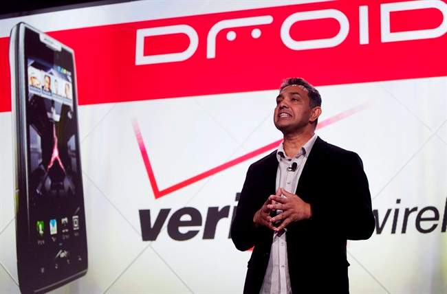 Sanjay Jha, CEO of Motorola Mobility, introduces the Droid Razr, Tuesday, Oct. 18, 2011 in New York. Seeking an edge in the world of high-end smartphones, Motorola is bringing back the "Razr" name, once attached to the best-selling phone in the world. (AP Photo/Mark Lennihan).