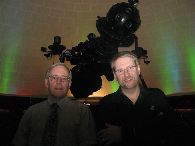 Pierre Lacombe, (Left) the director of the Montreal Planetarium and astronomer Pierre Chastenay stand in front of the huge Zeiss star projector in Montreal, Wednesday, Oct.5, 2011. he Montreal Planetarium, Canada's oldest, is closing next week after more than six million star-struck visitors have passed through its doors over the past 45 years. THE CANADIAN PRESS/Peter Ray.