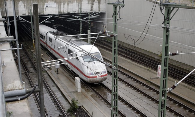 An ICE high speed train enters the northern exit of Berlin's central train station tunnel in Berlin(AP Photo/Michael Sohn).
