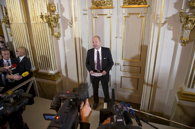 Secretary of the Royal Swedish Academy Peter Englund, center, announces that Swedish poet Tomas Transtromer is the winner of the 2011 Nobel Prize in literature, Stockholm, Sweden, Thursday, Oct. 6, 2011. The 2011 Nobel Prize in literature was awarded Thursday to Tomas Transtromer, a Swedish poet whose surrealistic works about the mysteries of the human mind won him acclaim as one of the most important Scandinavian writers since World War II. (AP Photo/Scanpix, Leif R. Jansson) SWEDEN OUT.