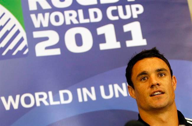 New Zealand rugby player Dan Carter speaks at a press conference at the team's hotel in Auckland, New Zealand, Monday, Oct. 3, 2011. Carter who injured his groin in a training session Saturday, Oct. 1, in Wellington for a game against Canada, will take no further part in the Rugby World Cup. (AP Photo/Alastair Grant).