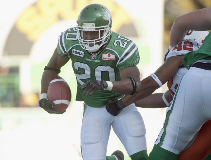 Saskatchewan Roughriders running back Wes Cates runs the ball during the first quarter CFL football action at Mosaic Stadium on Sunday, October 16, 2011 in Regina.