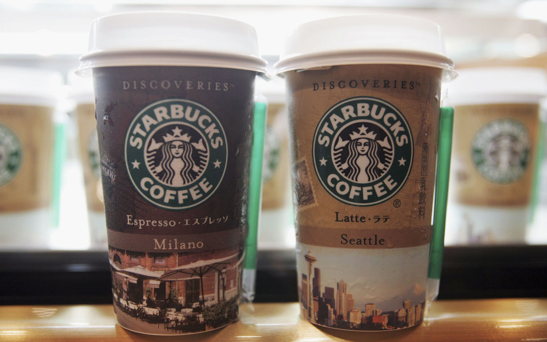 Starbucks Coffee Company's news product 'Starbucks Discoveries'(Espressso (L), Latte (R)) are seen during a preview party on September 26, 2005 in Tokyo, Japan.
