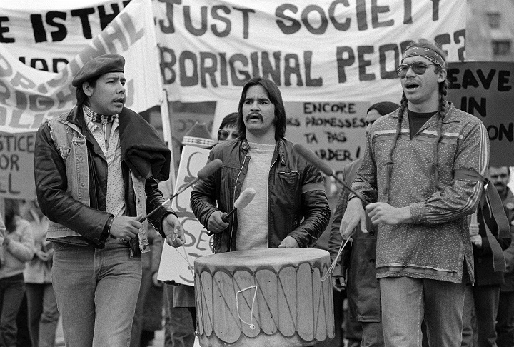 Groups of First Nations march on Parliament Hill, November 16, 1981, to protest the elimination of aboriginal rights in the proposed constitution. More than one hundred people took part in the march, and a brief ceremony on the Hill.