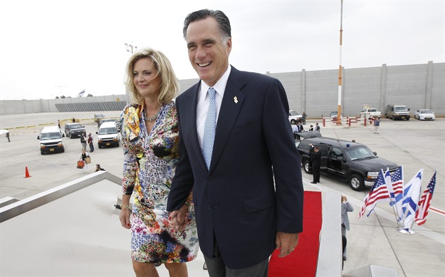Republican presidential candidate and former Massachusetts Gov. Mitt Romney and his wife Ann board their charter plane in Tel Aviv, Israel as they travel to Poland, Monday, July 30, 2012. (AP Photo/Charles Dharapak).