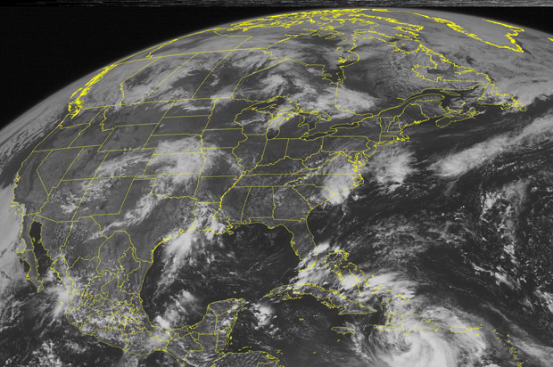 This NOAA satellite image taken Friday, August 24, 2012 at 1:45 PM EDT shows Tropical Storm Isaac located about 135 miles south-southwest of of Port au Prince, Haiti with maximum sustained winds at 60 mph.