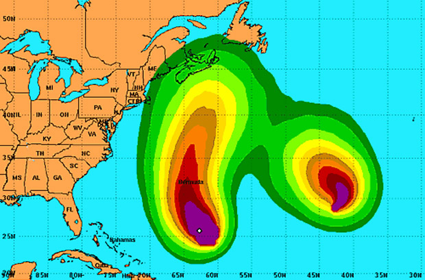 This map from the U.S. National Hurricane Centre shows wind speed probabilities for Hurricane Leslie (left) and Tropical Storm Michael.