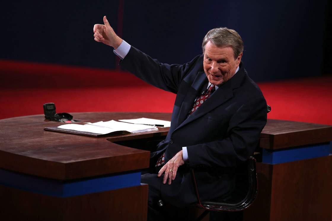 Debate moderator Jim Lehrer speaks prior to the Presidential Debate at the University of Denver on October 3, 2012 in Denver, Colorado.