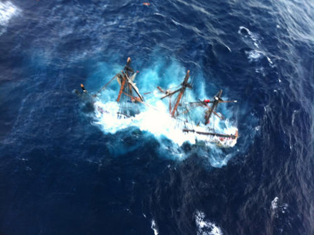 The HMS Bounty, a 180-foot sailboat, is shown submerged in the Atlantic Ocean during Hurricane Sandy