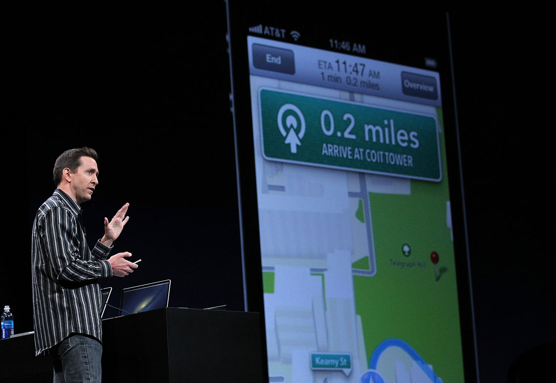  Apple Senior VP of iPhone Software Scott Forstall demonstrates the new map application featured on iOS 6 during the keynote address during the 2012 Apple WWDC keynote address at the Moscone Center on June 11, 2012 in San Francisco, California.