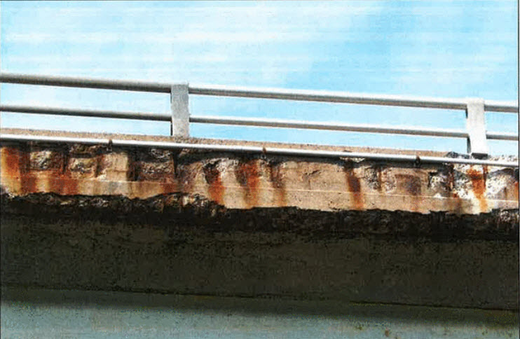 The deteriorated parapet wall of the Gardiner Expressway near Cherry Street.
