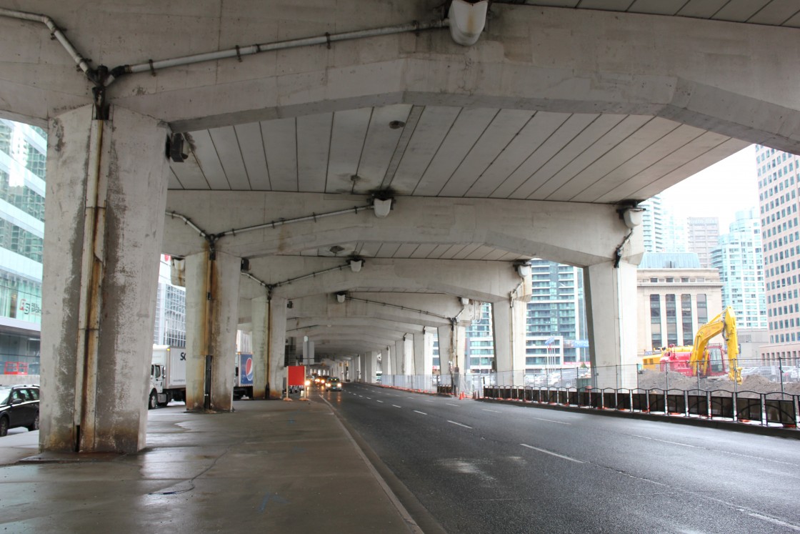 Underneath the Gardiner Expressway, near York Street.