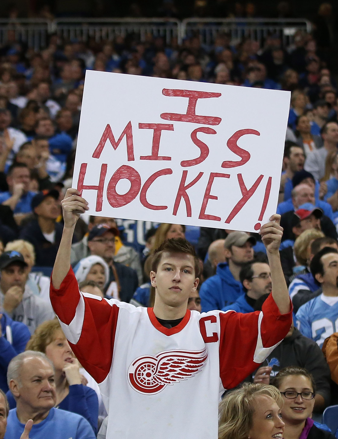 A Detroit Red Wings hockey fan shows his team support during the game between the Chicago Bears and the Detroit Lions at Ford Field on December 30, 2012 in Detroit, Michigan.