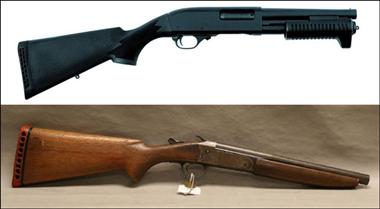 Factory-made short-barrelled shotguns (top) are perfectly legal in Canada, and available to gun owners without any special restriction. (The shotgun above has an eight-and-a-half-inch barrel.) But saw a shotgun off to the same barrel length (below), and you're taking a chance on spending years of your life in a federal penitentiary.