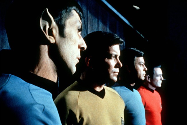 This undated file photo shows actors in the TV series Star Trek from left, Leonard Nimoy as Commander Spock, William Shatner as Captain Kirk, DeForest Kelley as Doctor McCoy and James Doohan as Commander Scott.