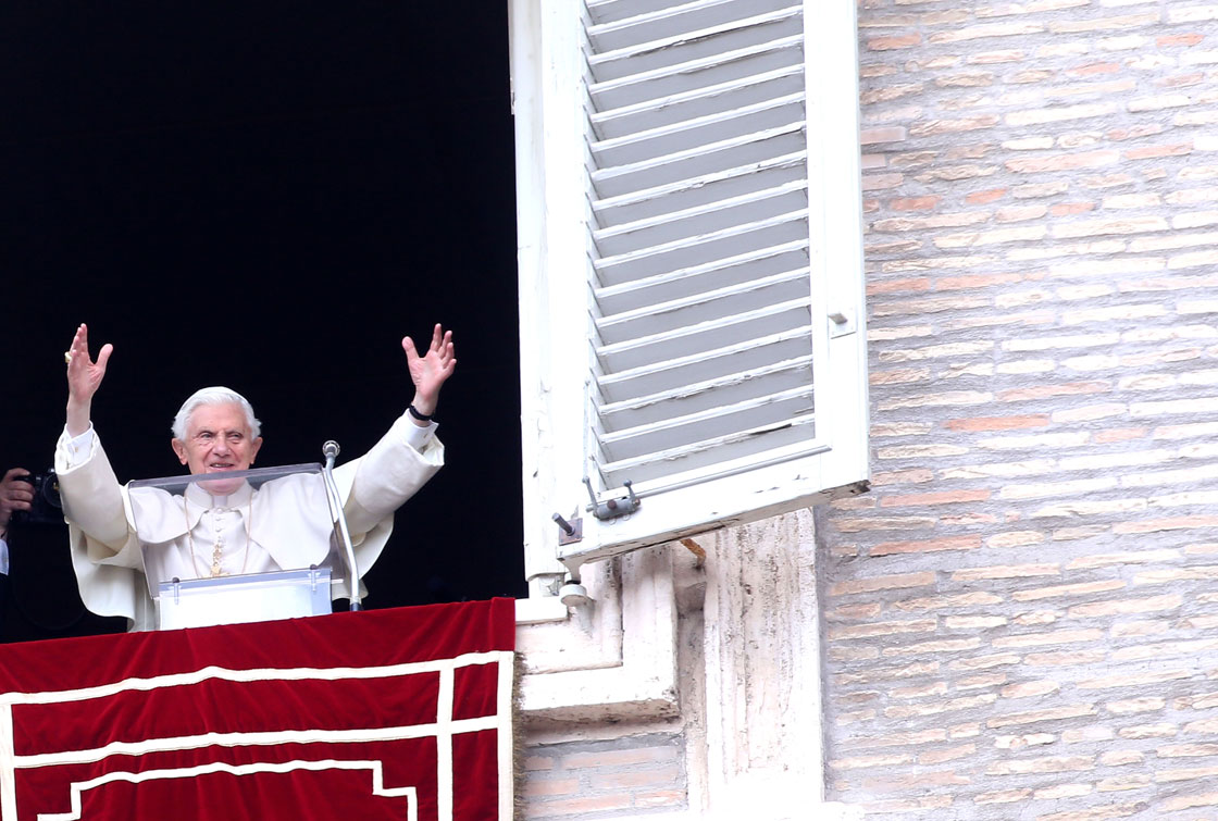 Pope Benedict XVI delivers his last Angelus Blessing from the window of his private apartment to thousands of pilgrims gathered in Saint Peter's Square on February 24, 2013 in Vatican City, Vatican. 