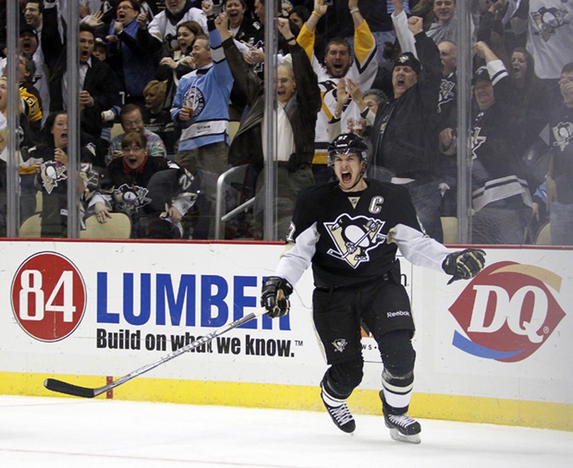 Sidney Crosby of the Pittsburgh Penguins celebrates his first period goal against the New York Islanders during the game at Consol Energy Center.