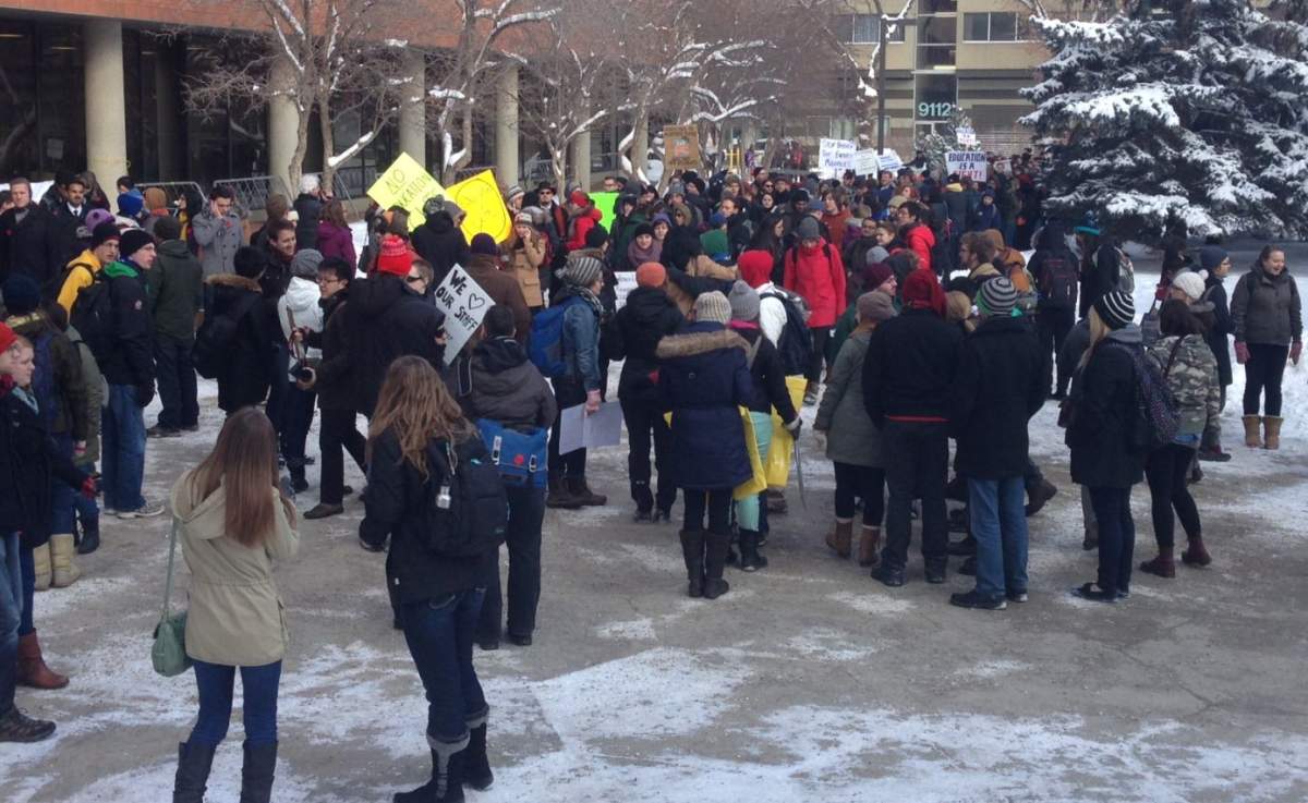 Students rally outside the Alberta legislature, March 15, 2013