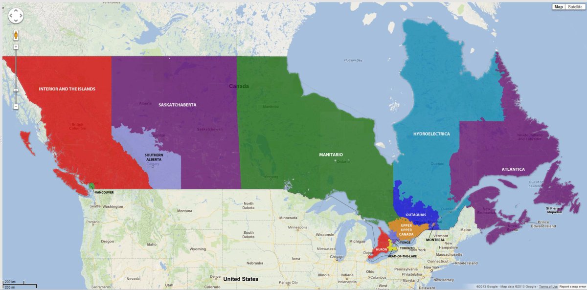 Canada remapped as 14 provinces of (more or less) equal populations - image