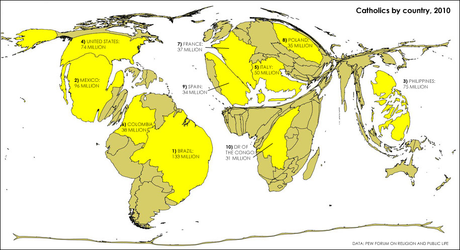 Catholics by country proportional map