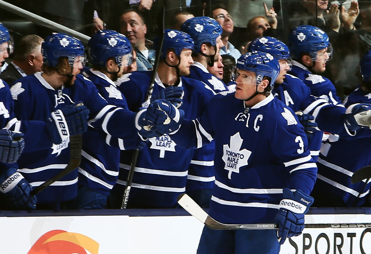 TORONTO, CANADA - MARCH 26: Dion Phaneuf #3 of the Toronto Maple Leafs celebrates his goal against the Florida Panthers during NHL action at the Air Canada Centre March 26, 2013 in Toronto, Ontario, Canada.