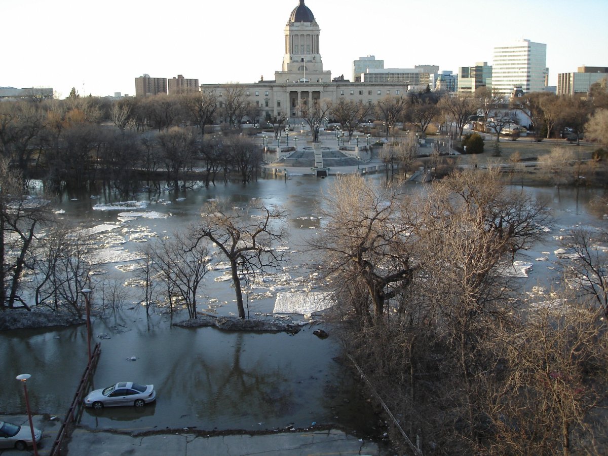 The Assiniboine River overflows near the Manitoba Legislature Building in April 2006.