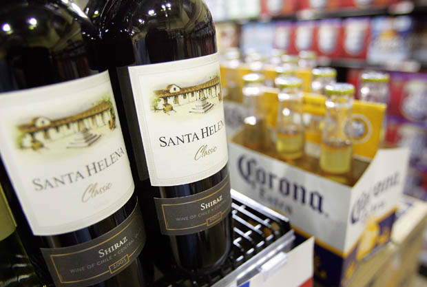 Bottles of wine and beer on display.