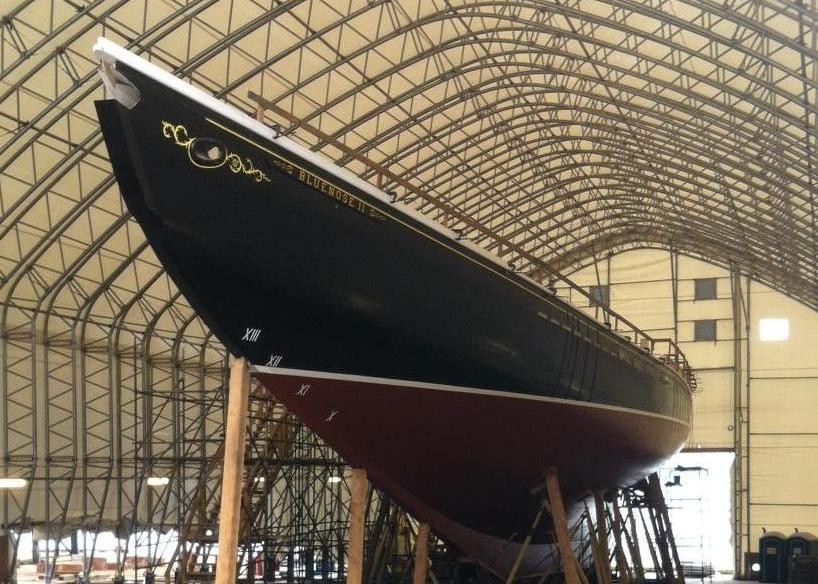 The Bluenose II schooner, seen under a protective canopy midway through her reconstruction in Lunenburg, NS, in March, 2013.