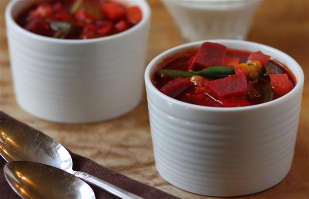 Eight types of vegetable swim in this tasty borscht that you can top with sour cream or yogurt.