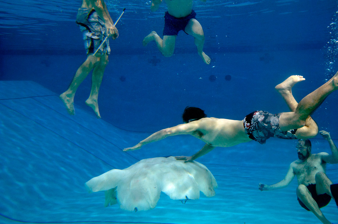 Student team members from the Virginia Tech's National Science Foundation Center for Energy Harvesting Materials and Systems test a five-foot wide jellyfish-like robot under water at War Memorial Hall.