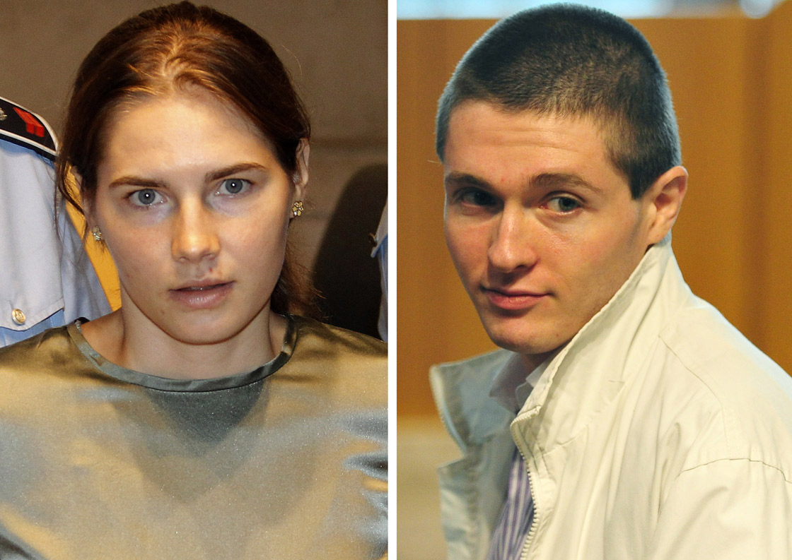 (FILES) This combo image made of files pictures shows US student Amanda Knox (L) and her former boyfriend Raffaele Sollecito during their trial in Perugia. 