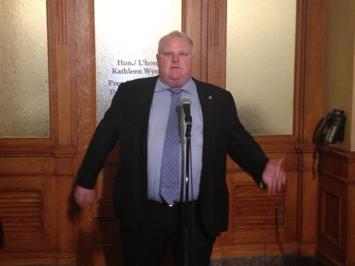 Toronto Mayor Rob Ford speaks to the media following a meeting with Ontario Premier Kathleen Wynne on March 28, 2013.