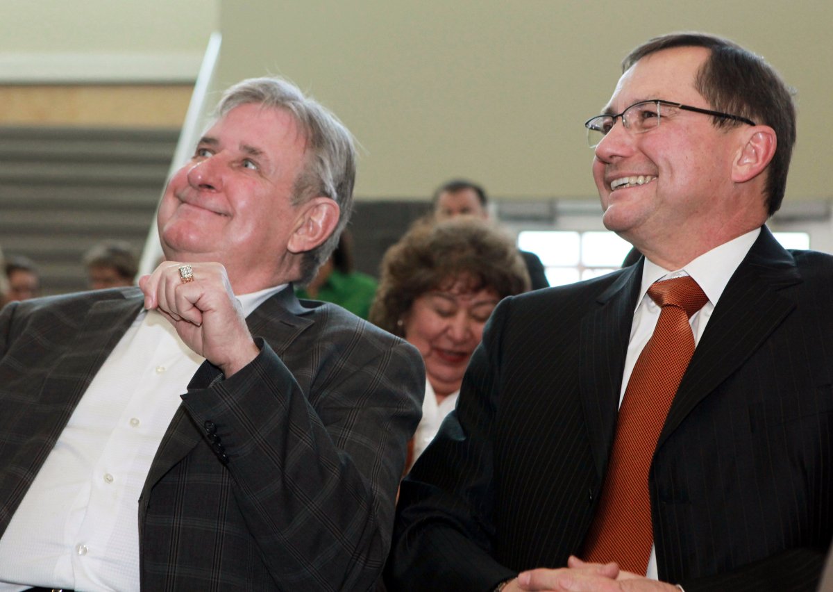 Former Alberta Premier Ralph Klein and former Alberta Premier Ed Stelmach share a laugh at the opening of the Ralph Klein Centre in Olds on Monday Jan 25, 2010. 